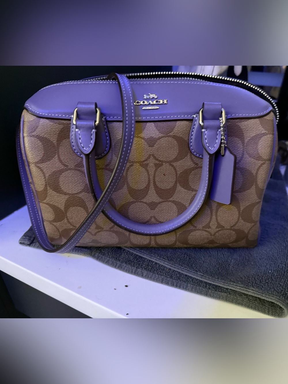 Coach Brown Monogram Satchel with Purple Trim